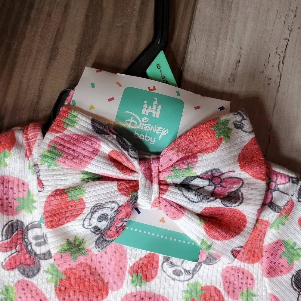 NWT Disney Baby Minnie Mouse Red & Pink Strawberry Romper w/ Headband 6/9 Months